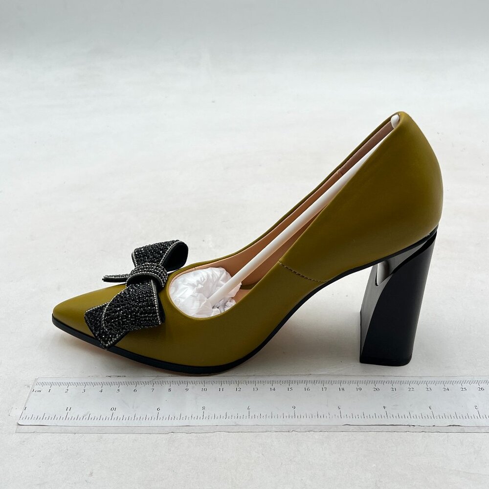 Dark yellow Pointed Toe Pumps Rhinestone Bow Chunky Heels Slip On Comfy Shoes